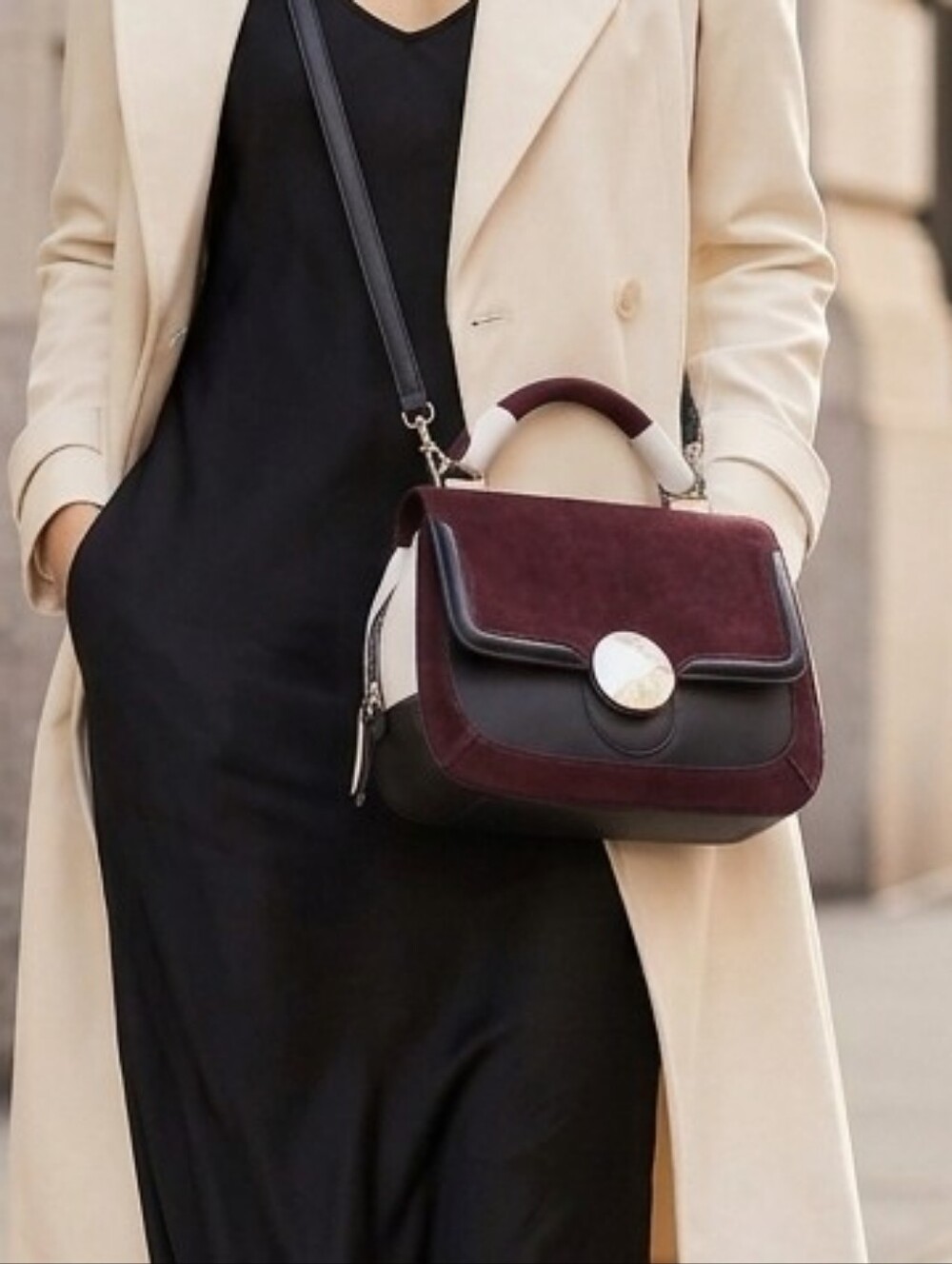 Zara Burgundy Black & Cream Top-Handle Crossbody Satchel Bag + Strap